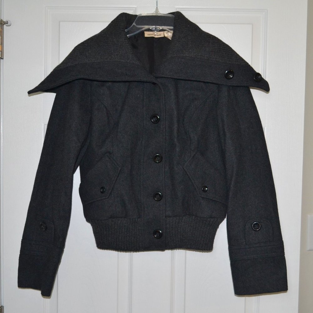Grey DKNY Jeans Statement Cropped Wool Jacket w/ Oversized Knit Collar & Hem
